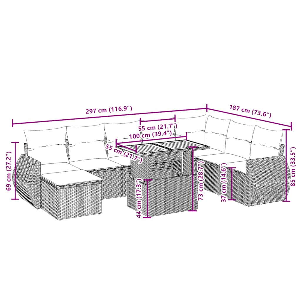 9 részes bézs polyrattan kerti ülőgarnitúra párnákkal 3