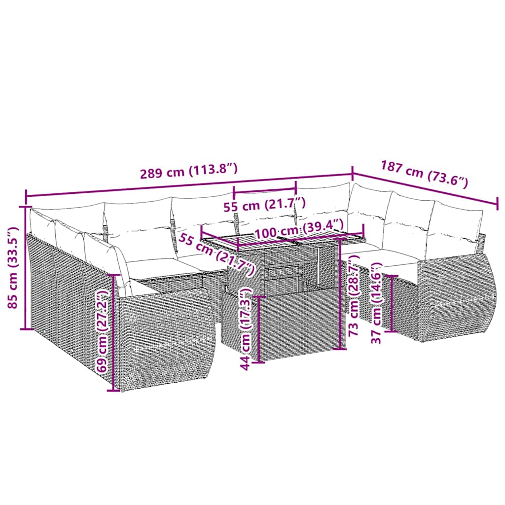 10 részes bézs polyrattan kerti ülőgarnitúra párnával 3