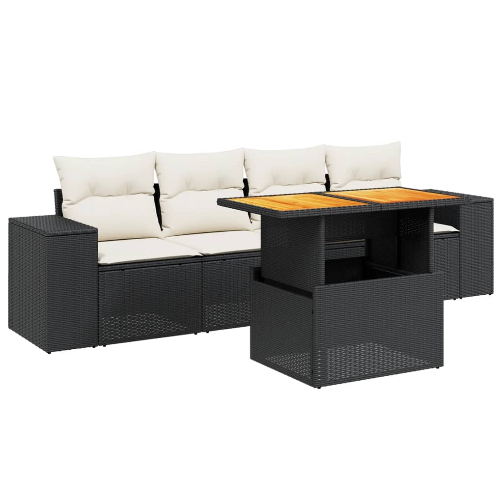 5 részes fekete polyrattan kerti kanapészett párnákkal 2