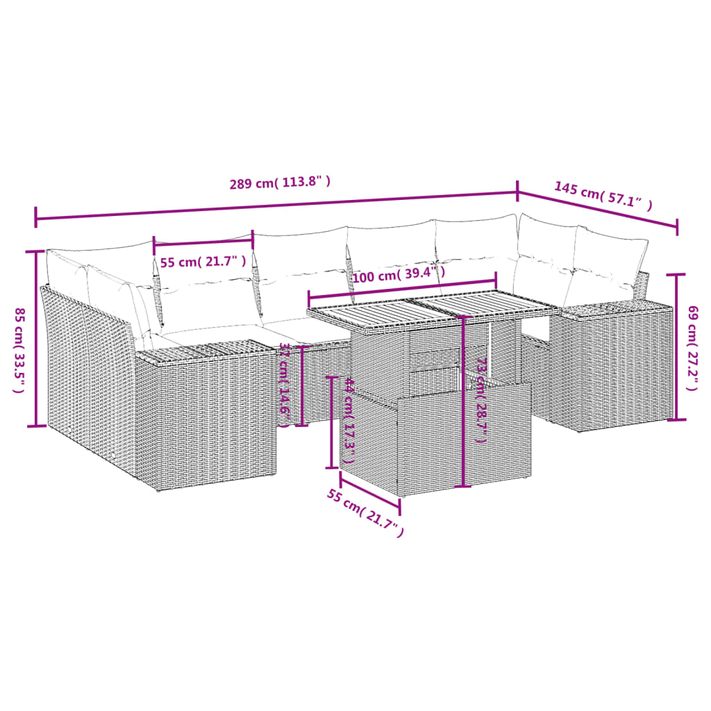 8 részes bézs polyrattan kerti ülőgarnitúra párnával 3