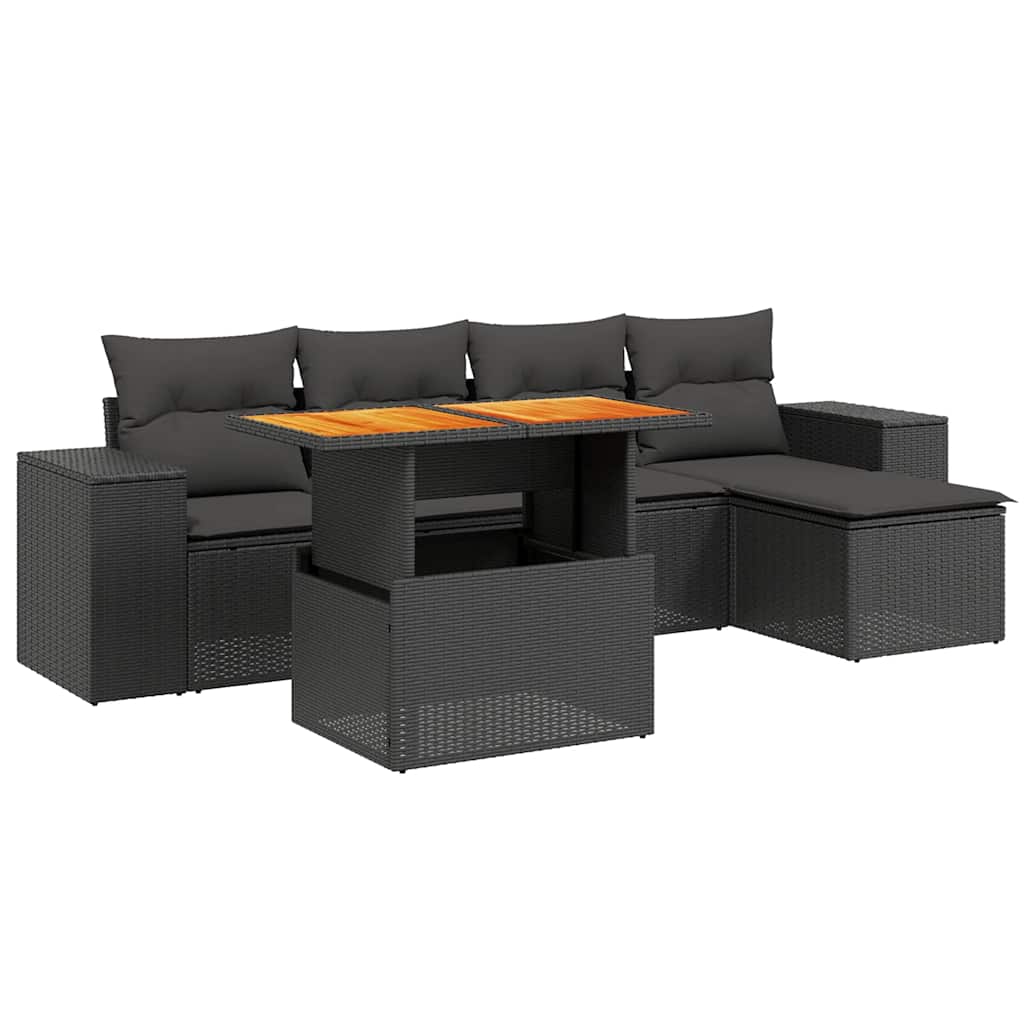 6 részes fekete polyrattan kerti ülőgarnitúra párnákkal 2
