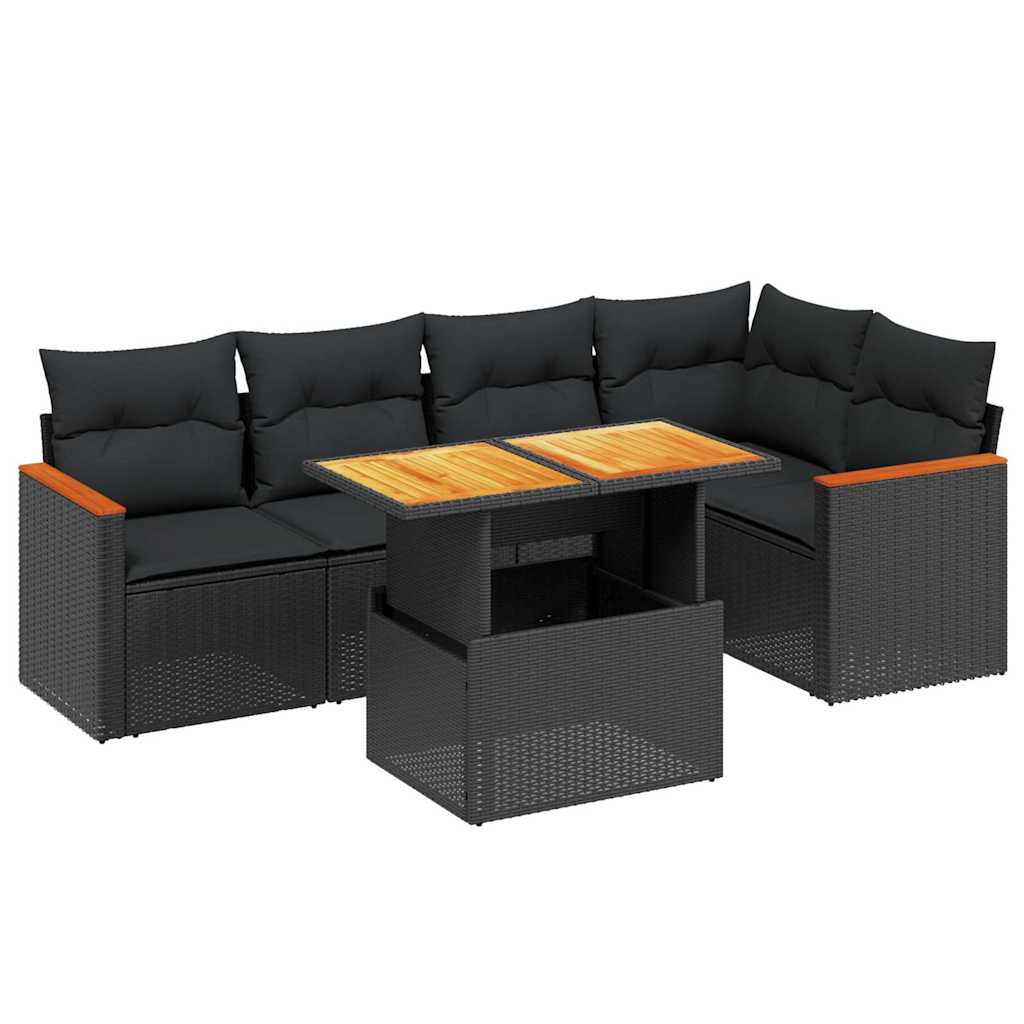 6 részes fekete polyrattan kerti ülőgarnitúra párnákkal 2