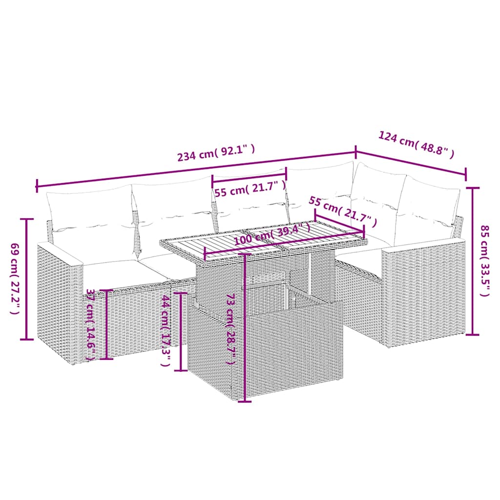 6 részes fekete polyrattan kerti ülőgarnitúra párnákkal 3