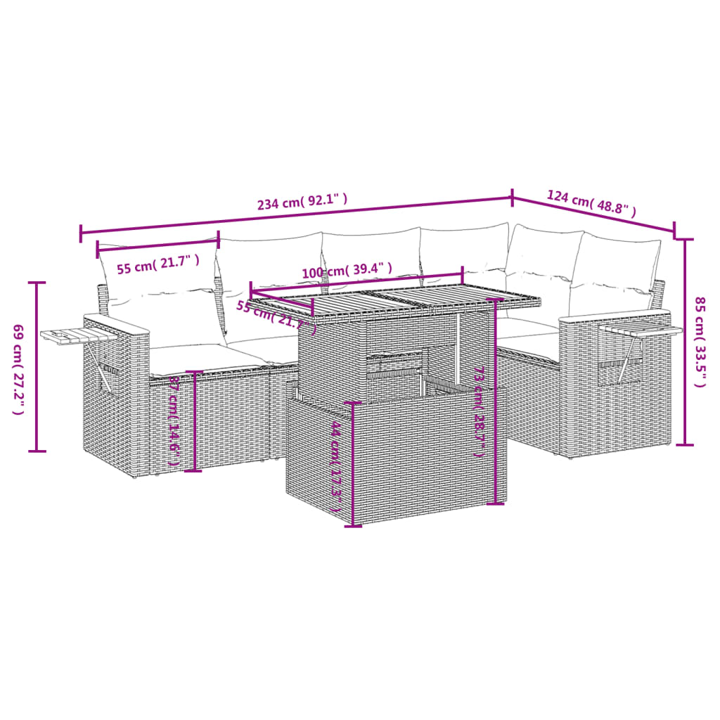 6 részes bézs polyrattan kerti ülőgarnitúra párnával 3