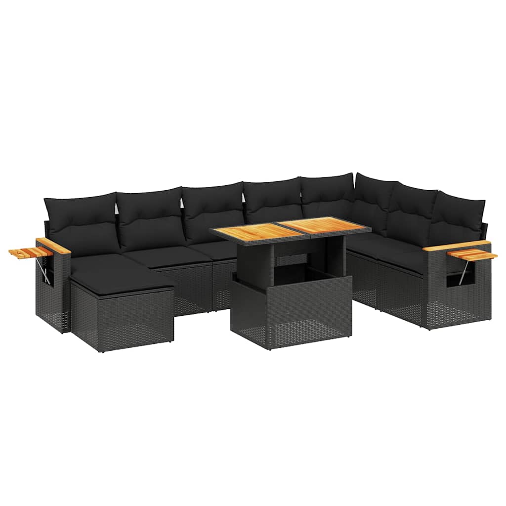 9 részes fekete polyrattan kerti ülőgarnitúra párnákkal 2