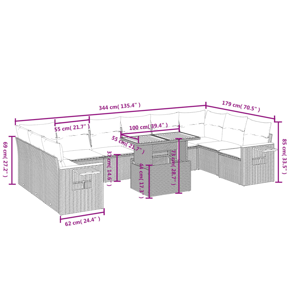 11 részes szürke polyrattan kerti ülőgarnitúra párnákkal 3