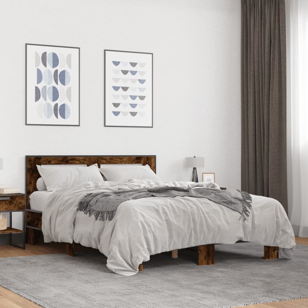 Füstös tölgy színű szerelt fa és fém ágykeret 135 x 190 cm