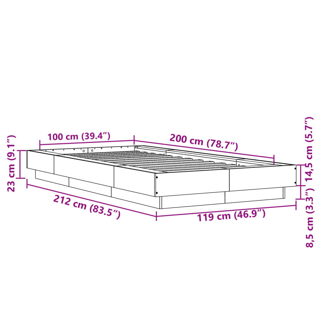 Sonoma tölgyszínű szerelt fa ágykeret LED-del 100 x 200 cm 14