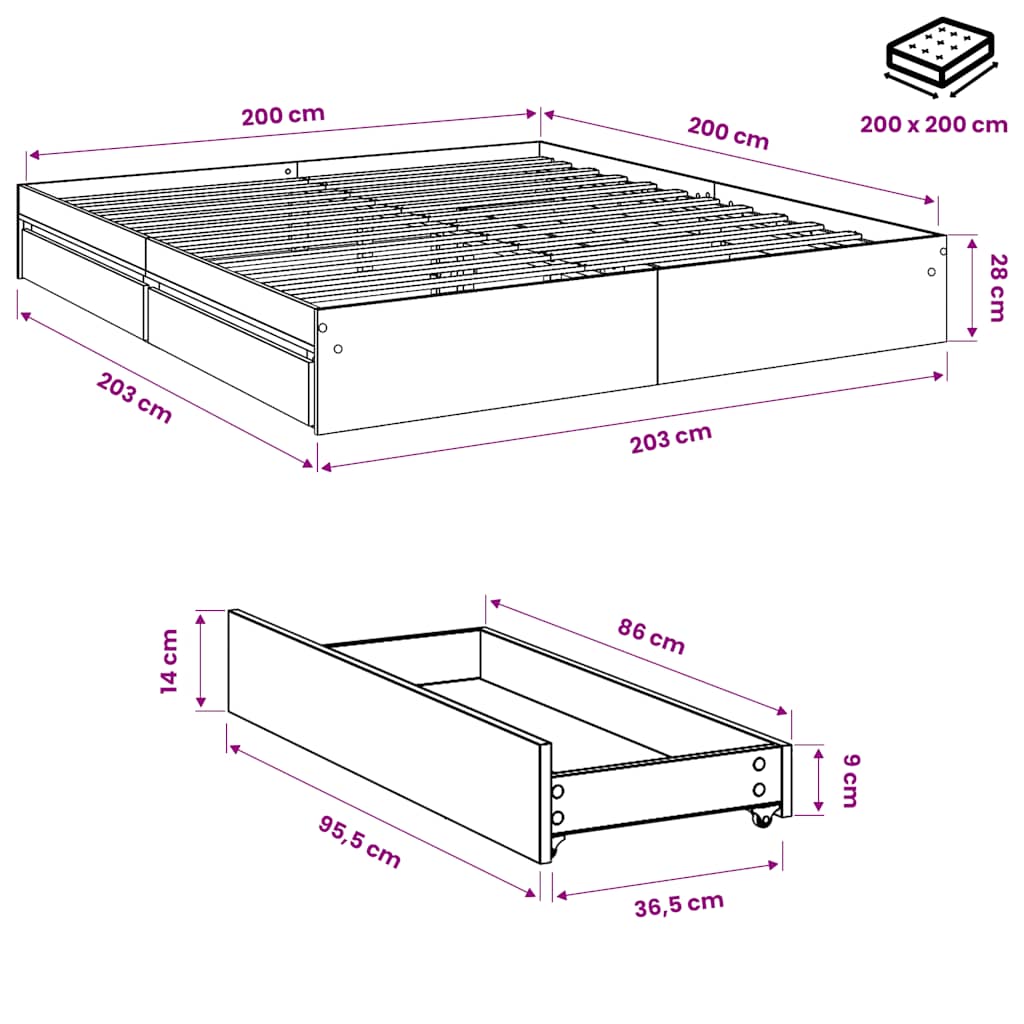 Sonoma tölgyszínű szerelt fa ágykeret fiókokkal 200 x 200 cm 10