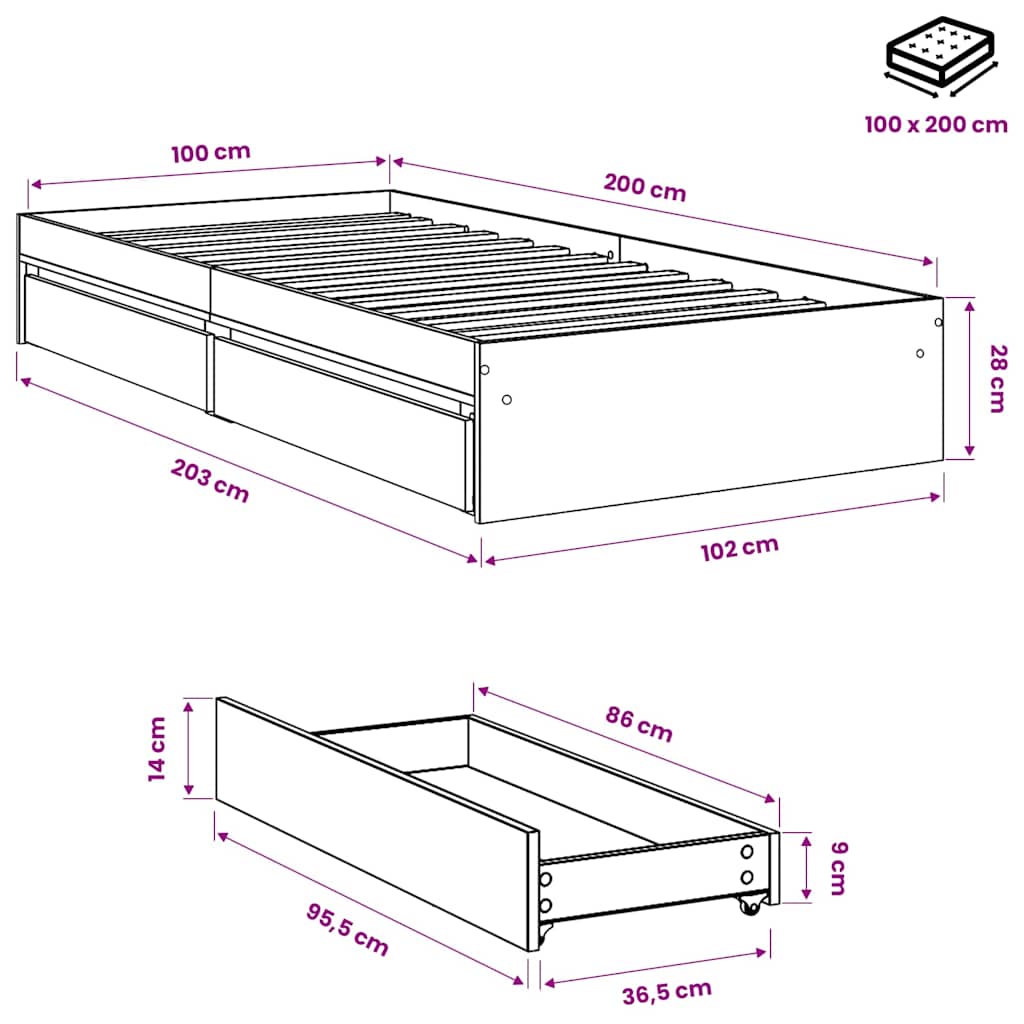 Betonszürke szerelt fa ágykeret fiókokkal 100 x 200 cm 10