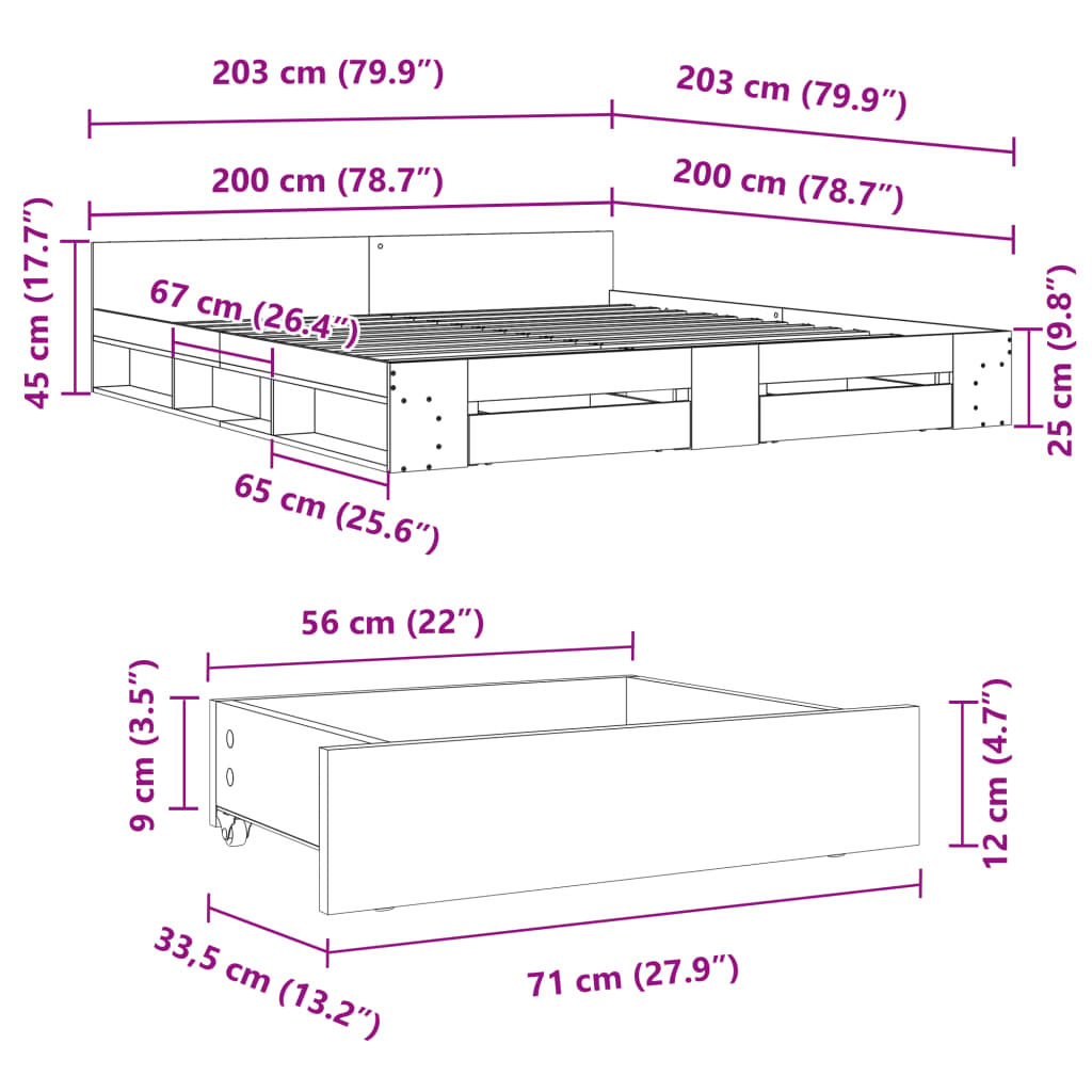 Sonoma tölgyszínű szerelt fa ágykeret fiókokkal 200 x 200 cm 10