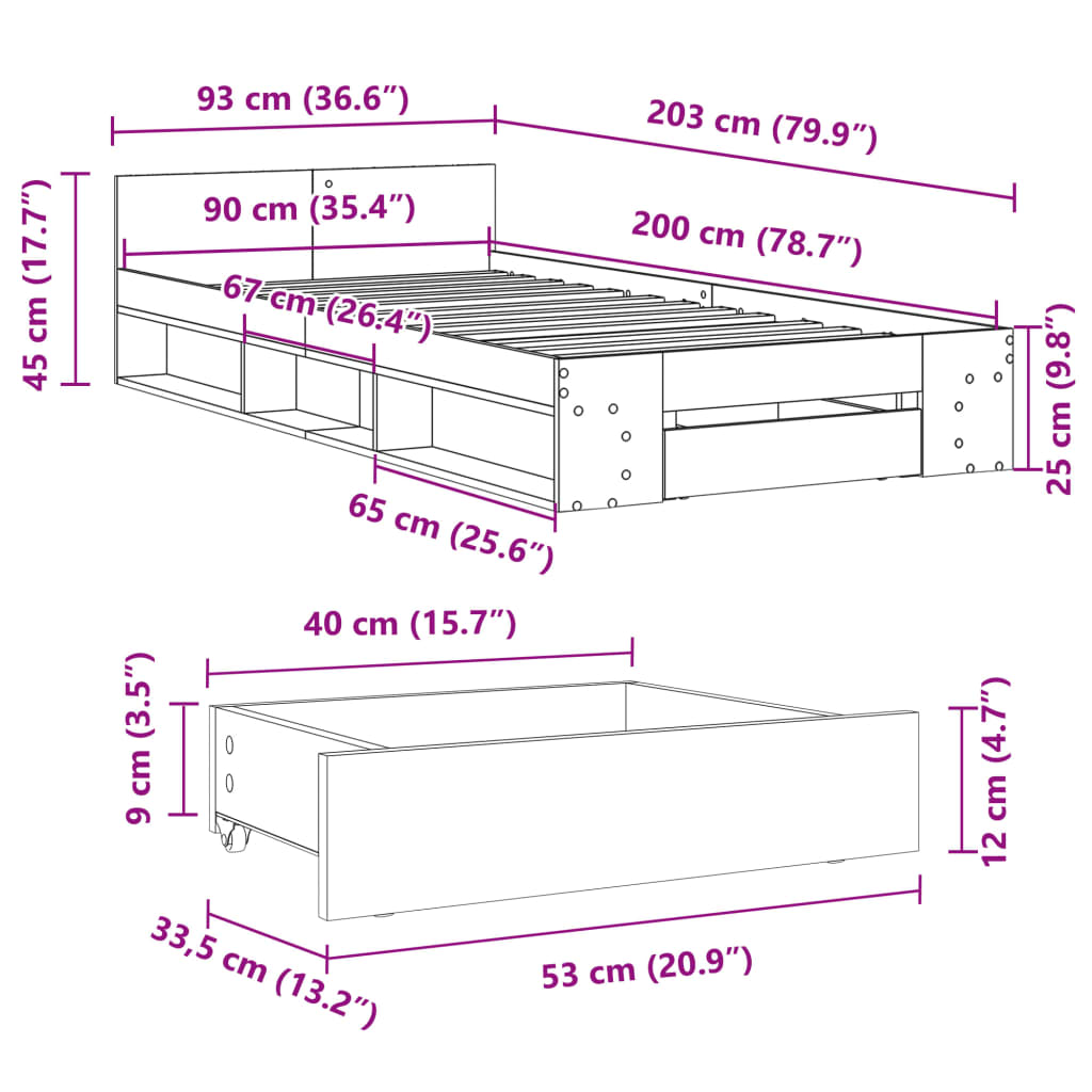 Betonszürke szerelt fa ágykeret fiókkal 90 x 200 cm 10