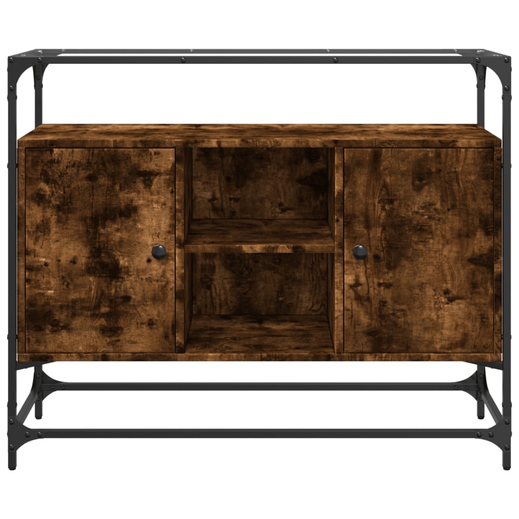 Füstös tölgy szerelt fa tálalószekrény üveglappal 98x35x81 cm 4