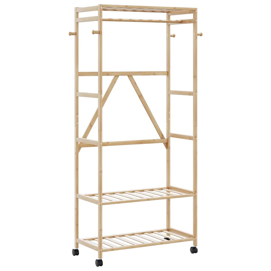 Bambusz ruhaállvány polcokkal és kerekekkel 90x40x179,5 cm