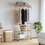 Bambusz ruhaállvány polcokkal és kerekekkel 90x40x179,5 cm 2