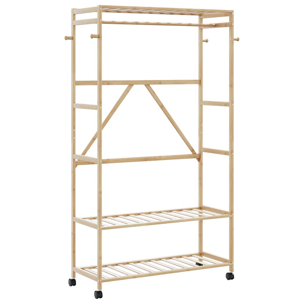 Bambusz ruhaállvány polcokkal és kerekekkel 110x40x180 cm