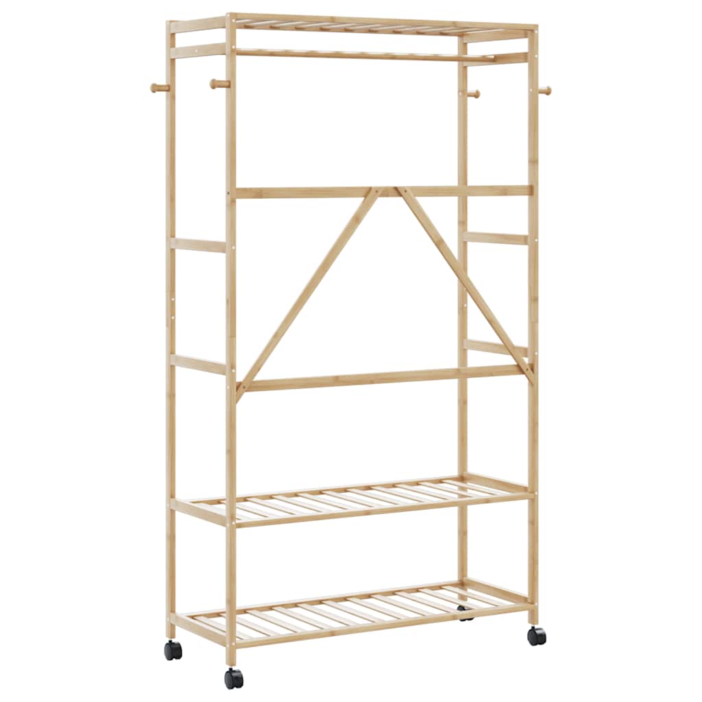 Bambusz ruhaállvány polcokkal és kerekekkel 110x40x180 cm 5