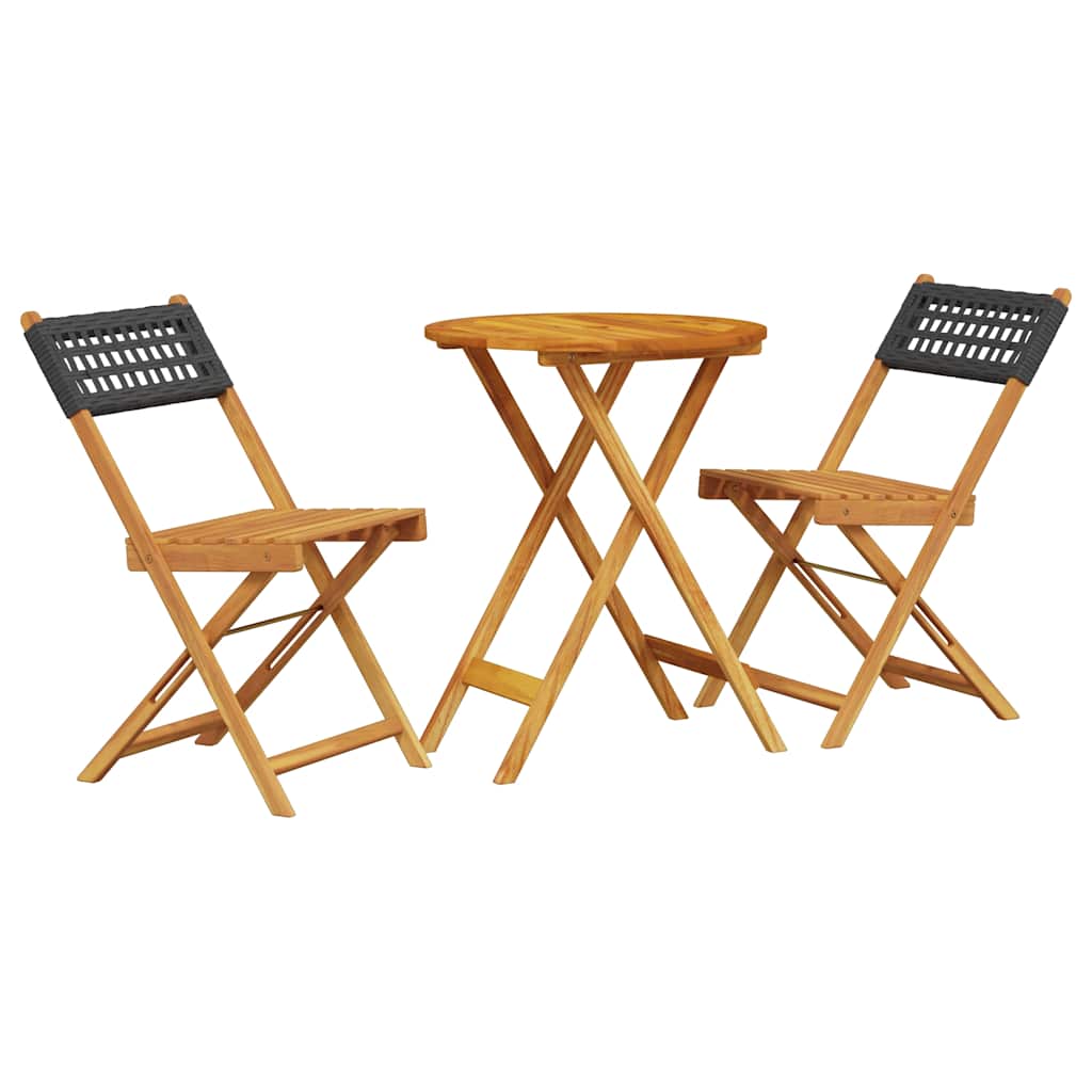 3 részes fekete polyrattan és tömör fa bisztrószett 2