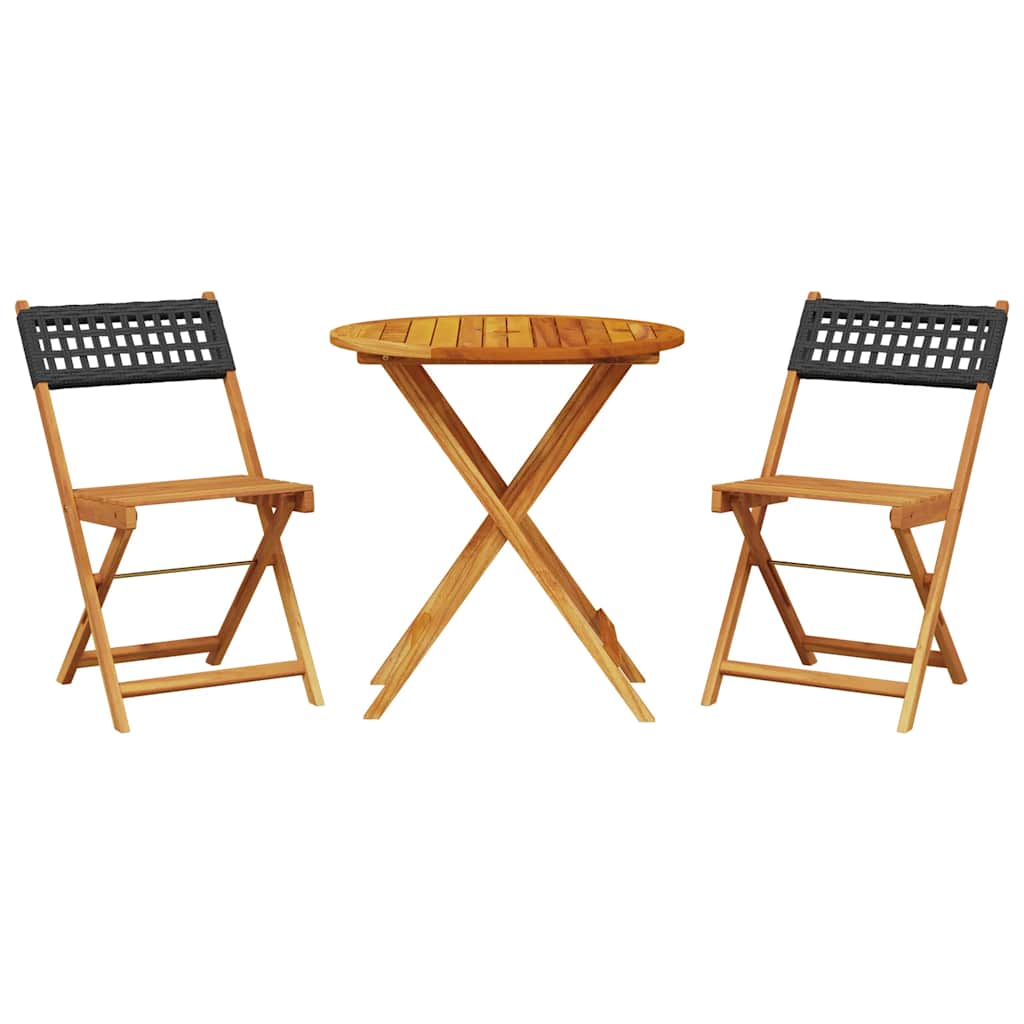 3 részes fekete polyrattan és tömör fa bisztrószett 2