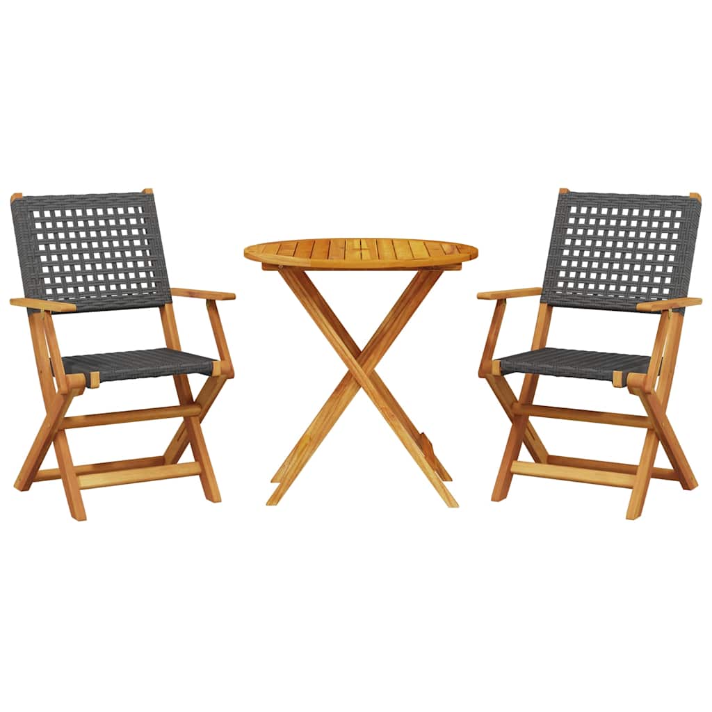 3 részes fekete polyrattan és tömör fa bisztrószett 2