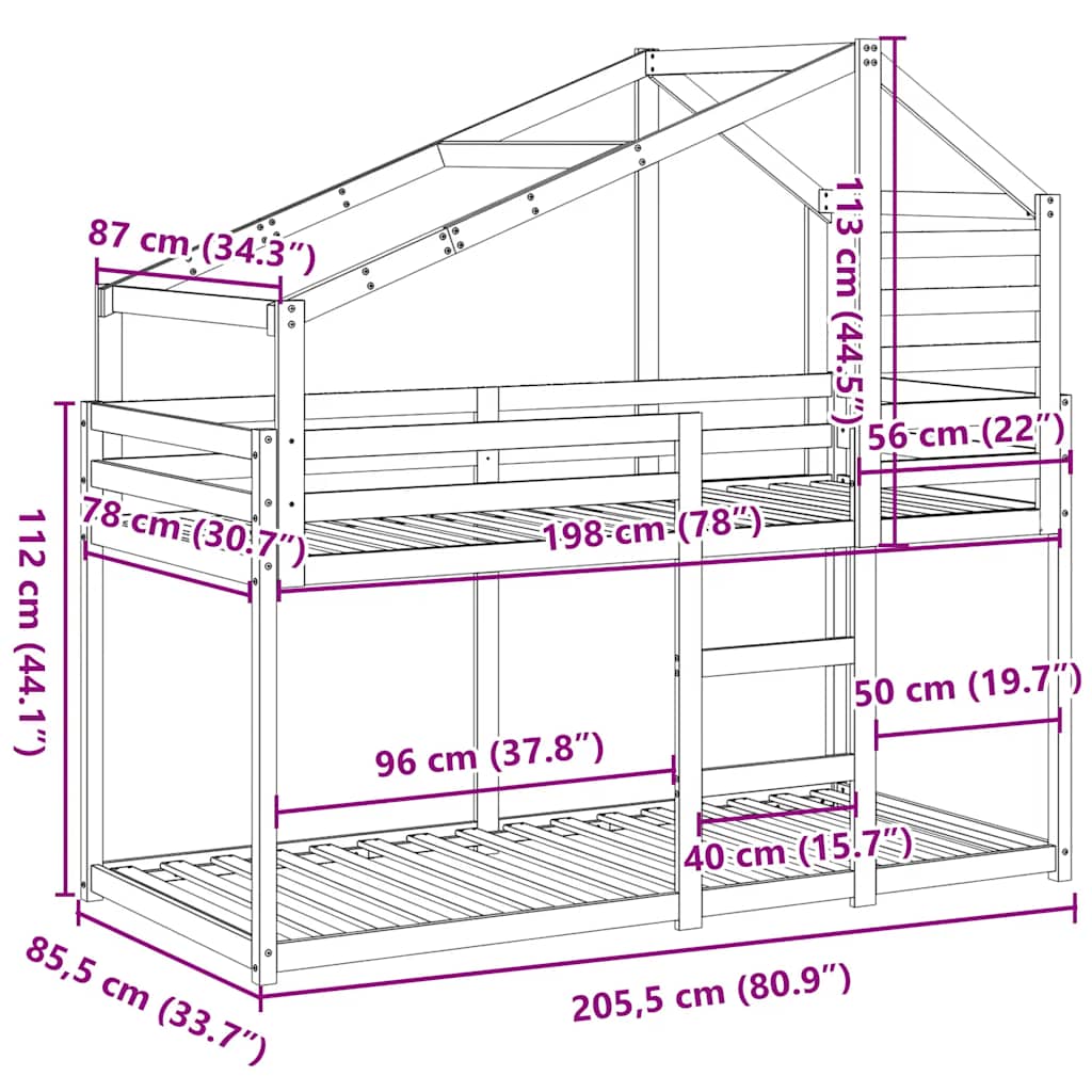 Viaszbarna tömör fenyőfa ágy emelettel és tetővel 80 x 200 cm 12