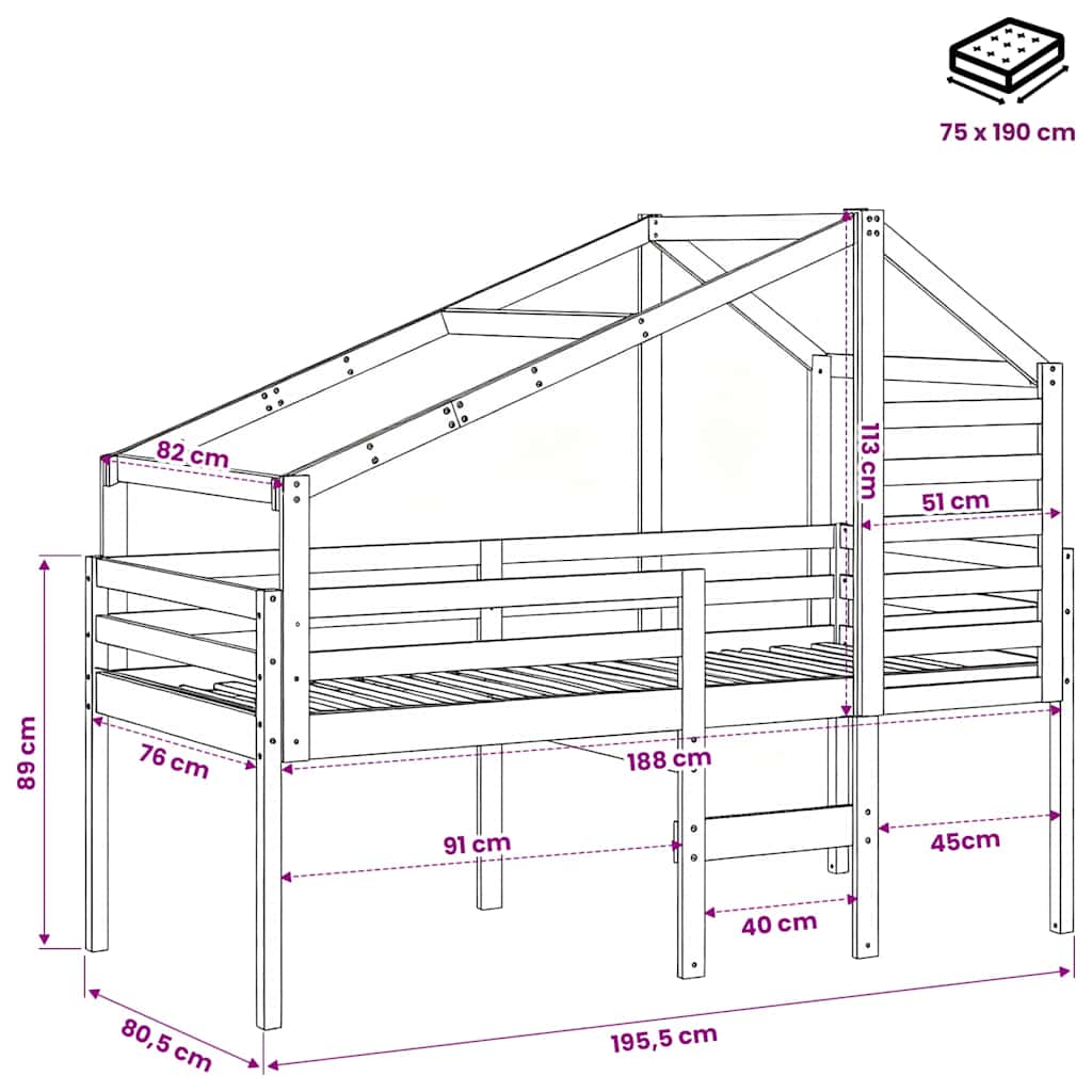 Tömör fenyőfa magasított ágy tetővel 75 x 190 cm 12