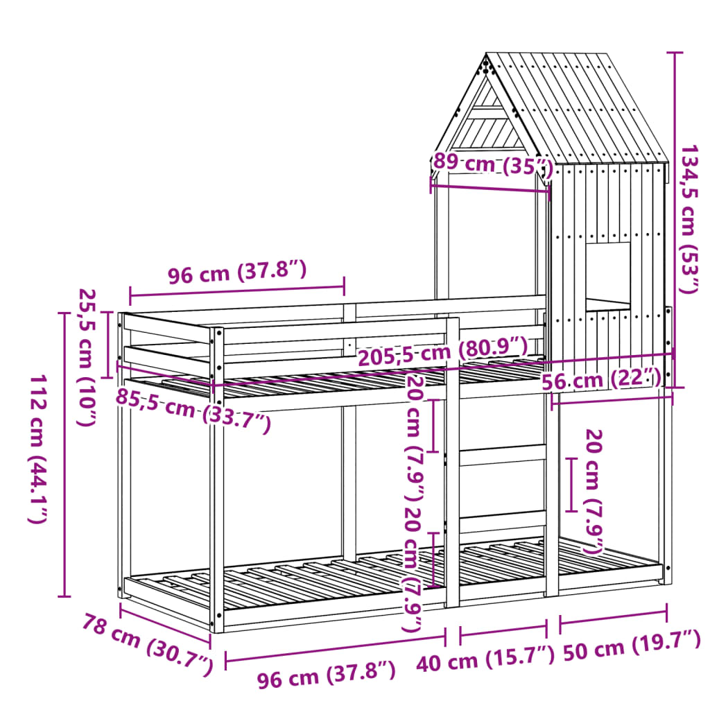 Fehér tömör fenyőfa ágy emelettel és tetővel 80 x 200 cm 12