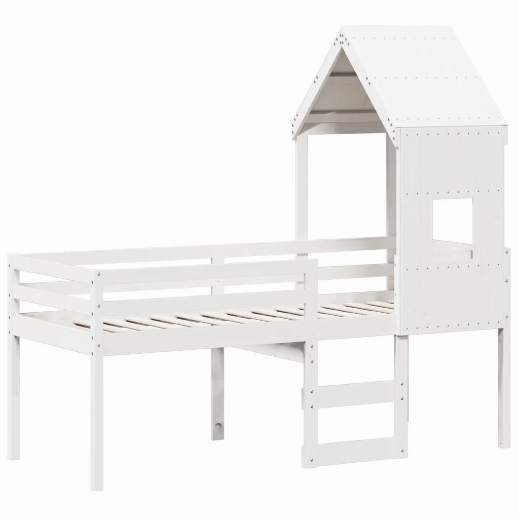 Fehér tömör fenyőfa magasított ágy tetővel 80 x 200 cm 3