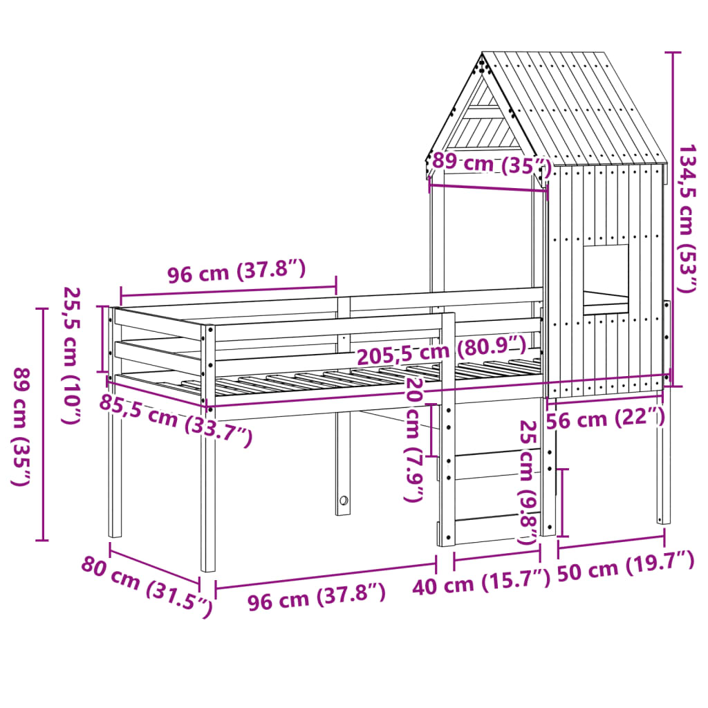 Fehér tömör fenyőfa magasított ágy tetővel 80 x 200 cm 12