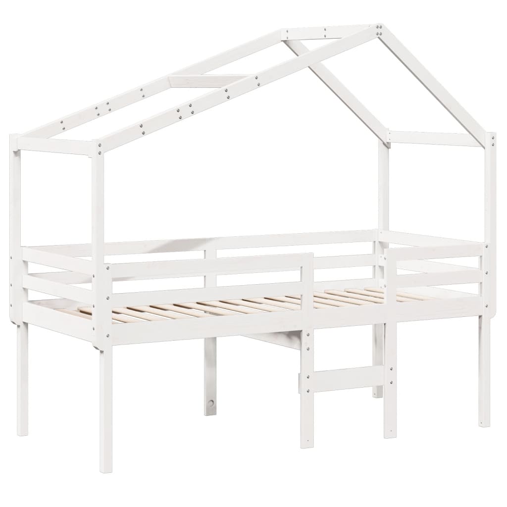 Fehér tömör fenyőfa magasított ágy tetővel 90 x 200 cm 3