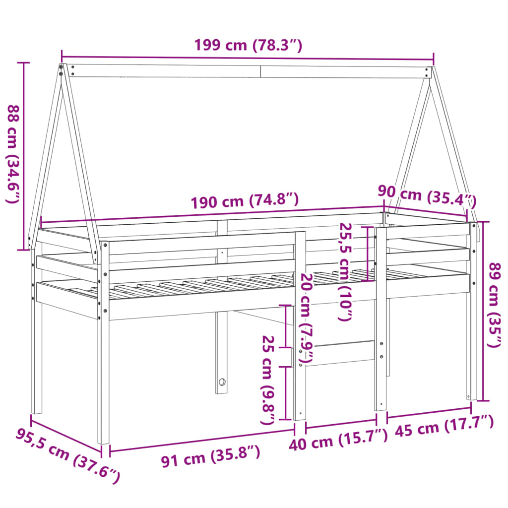 Viaszbarna tömör fenyőfa magasított ágy tetővel 90 x 190 cm 12