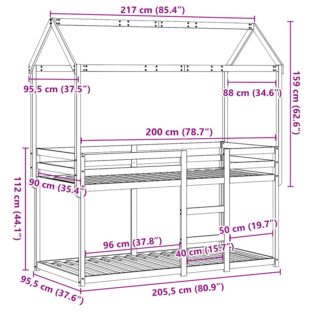 Tömör fenyőfa emeletes ágy matrac nélkül 90 x 200 cm 12