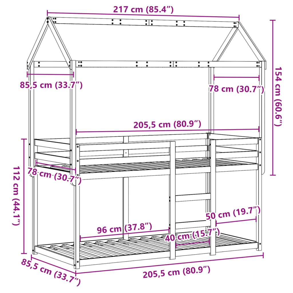 Tömör fenyőfa ágy emelettel és tetővel 80 x 200 cm 12