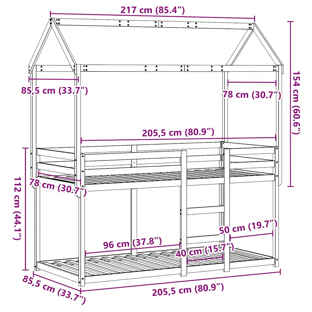 Viaszbarna tömör fenyőfa ágy emelettel és tetővel 80 x 200 cm 12