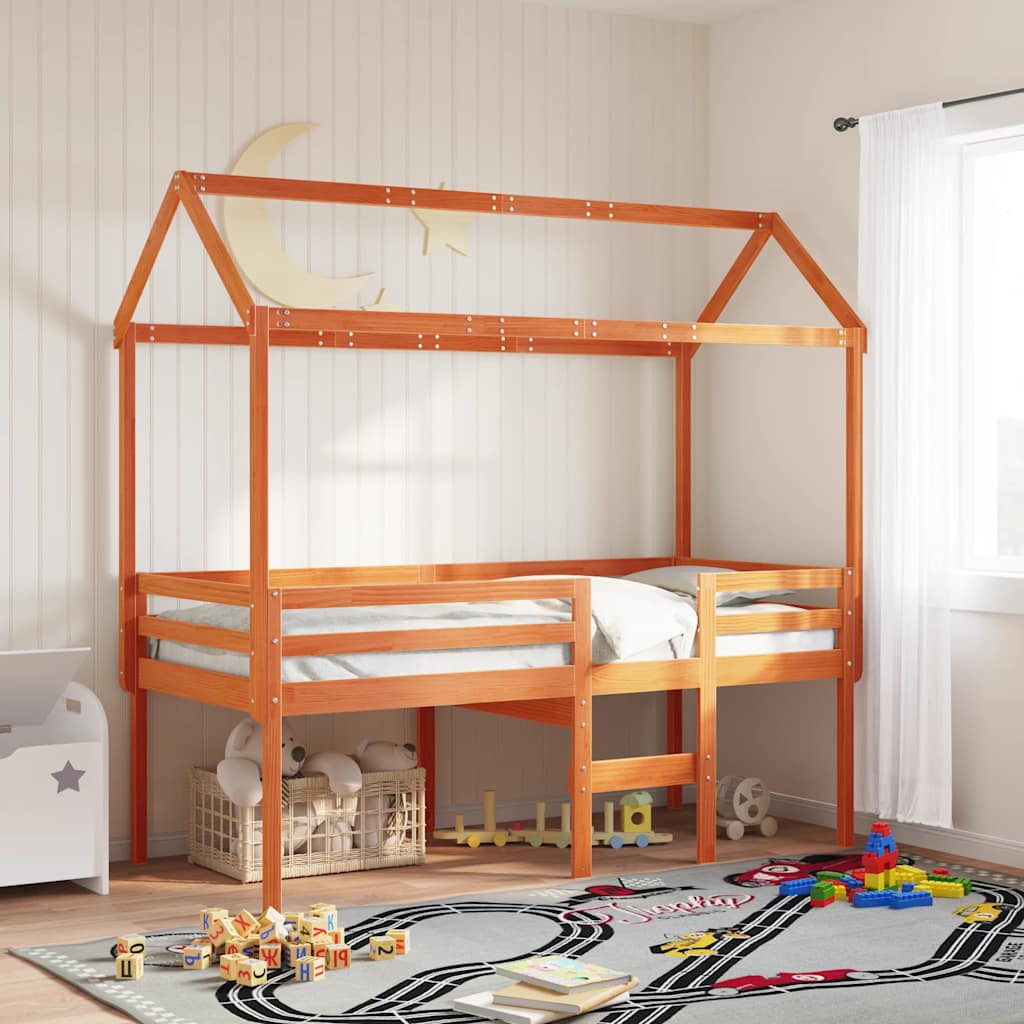 Viaszbarna tömör fenyőfa magasított ágy tetővel 80 x 200 cm 3
