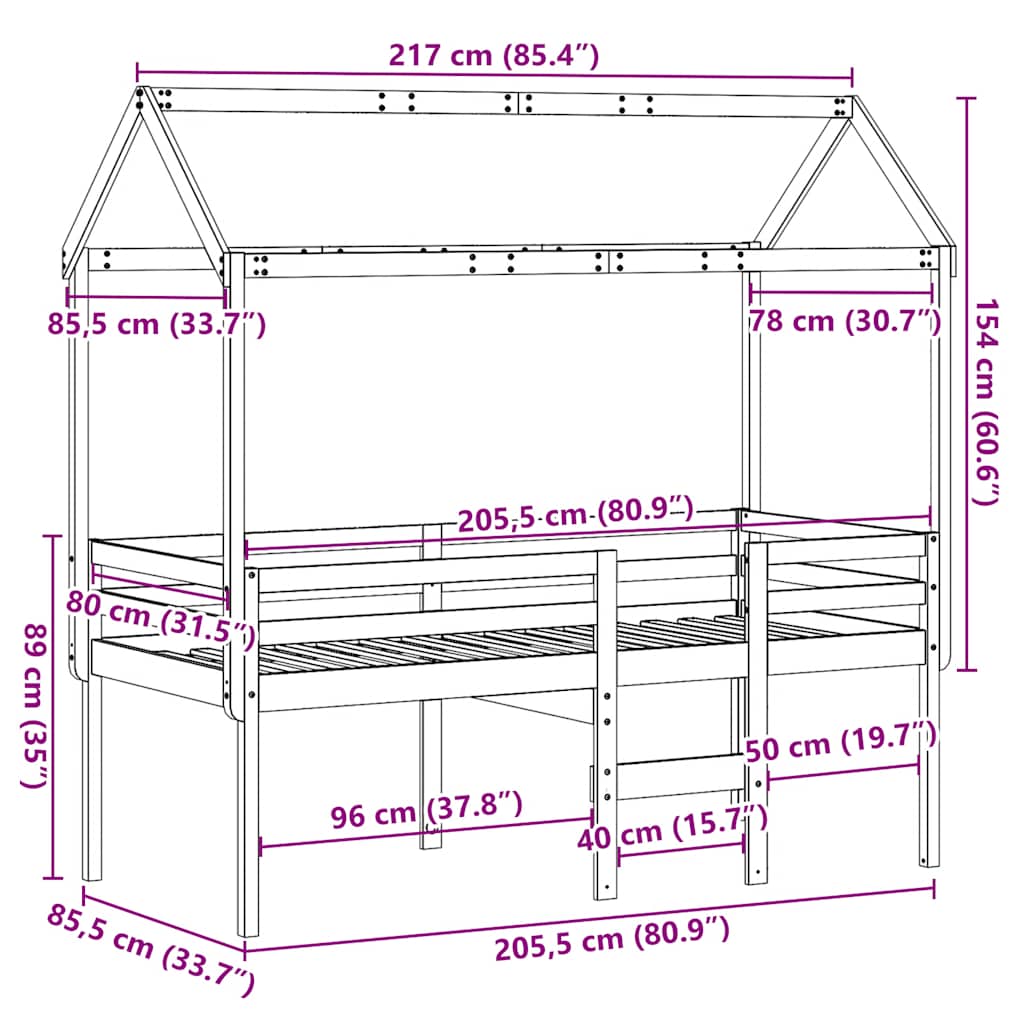 Viaszbarna tömör fenyőfa magasított ágy tetővel 80 x 200 cm 12