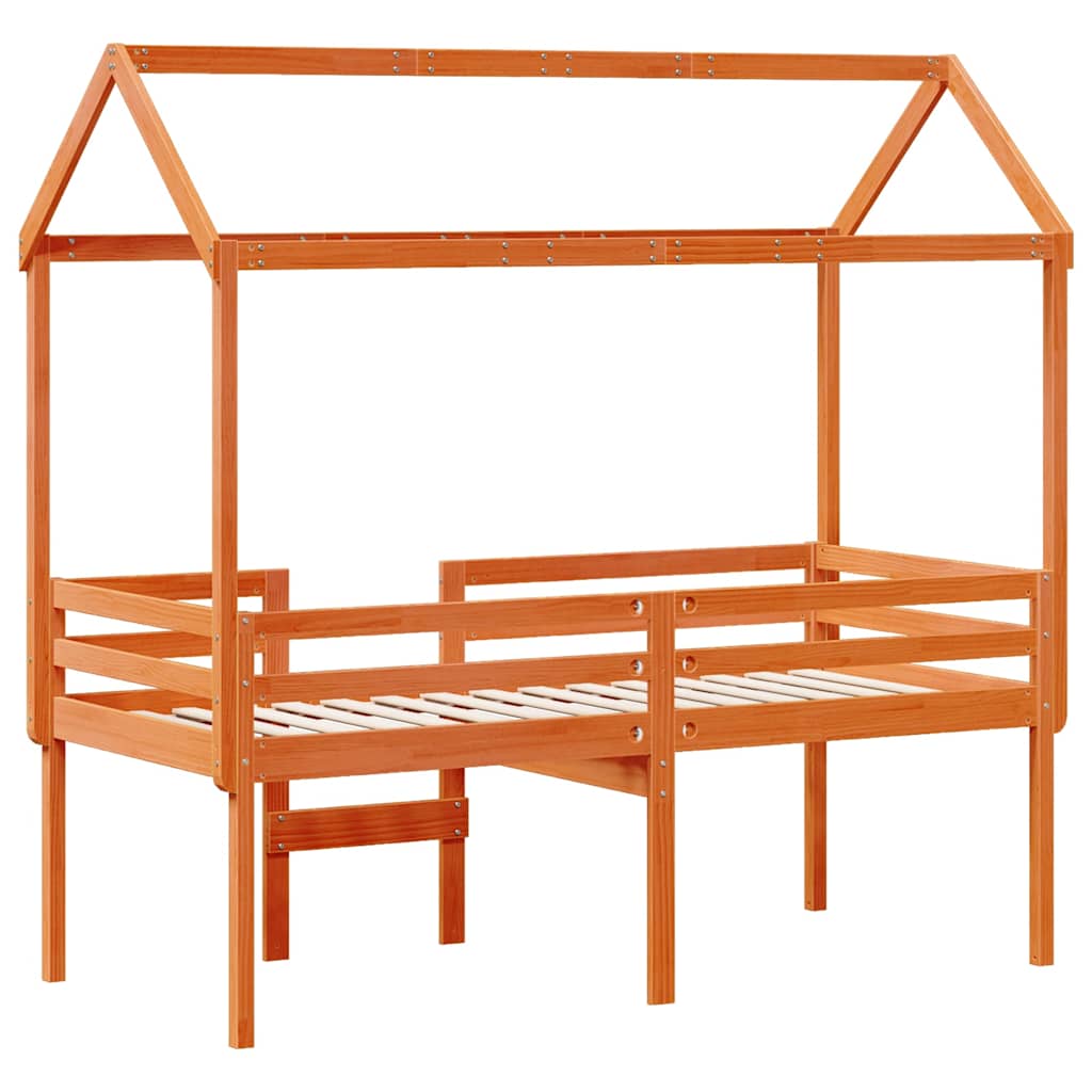 Viaszbarna tömör fenyőfa magasított ágy tetővel 80 x 200 cm 8