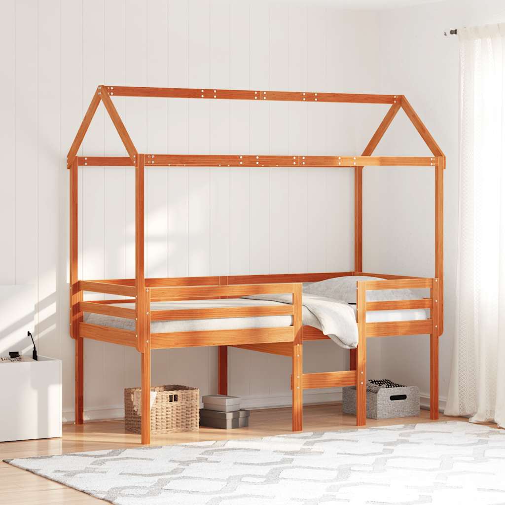 Viaszbarna tömör fenyőfa magasított ágy tetővel 80 x 200 cm