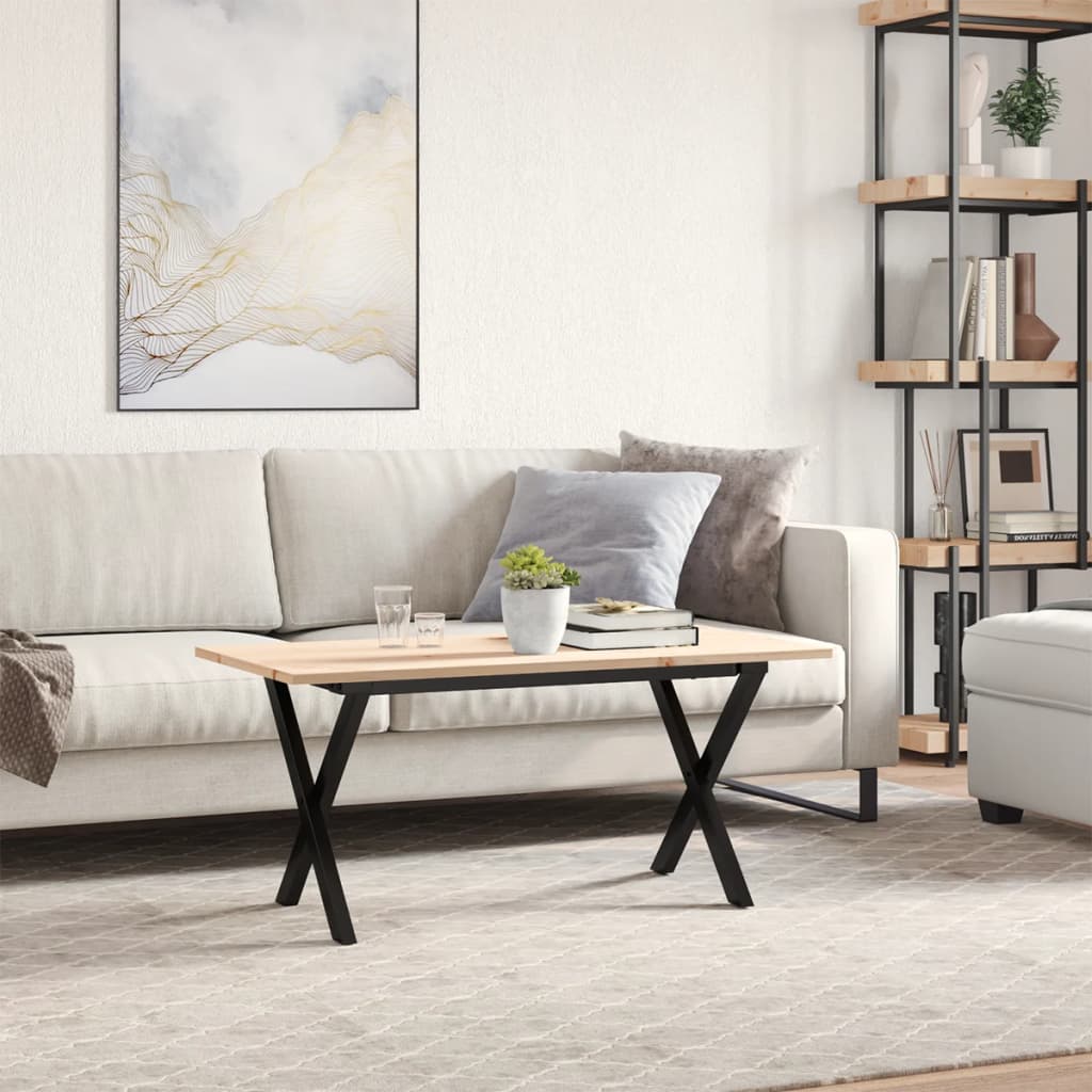 Tömör fenyőfa és acél dohányzóasztal X-vázzal 90x40x45 cm 3