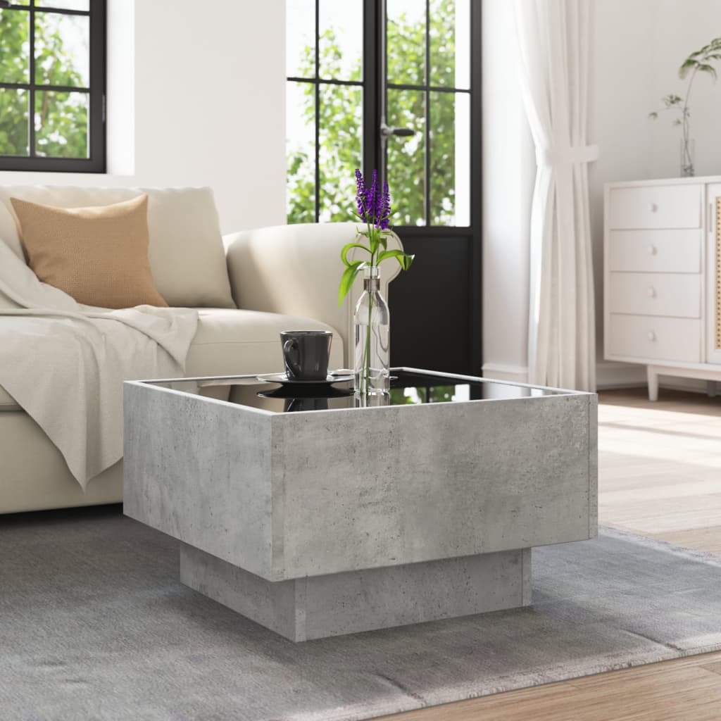 Betonszürke szerelt fa dohányzóasztal LED-del 50 x 50 x 30 cm 4