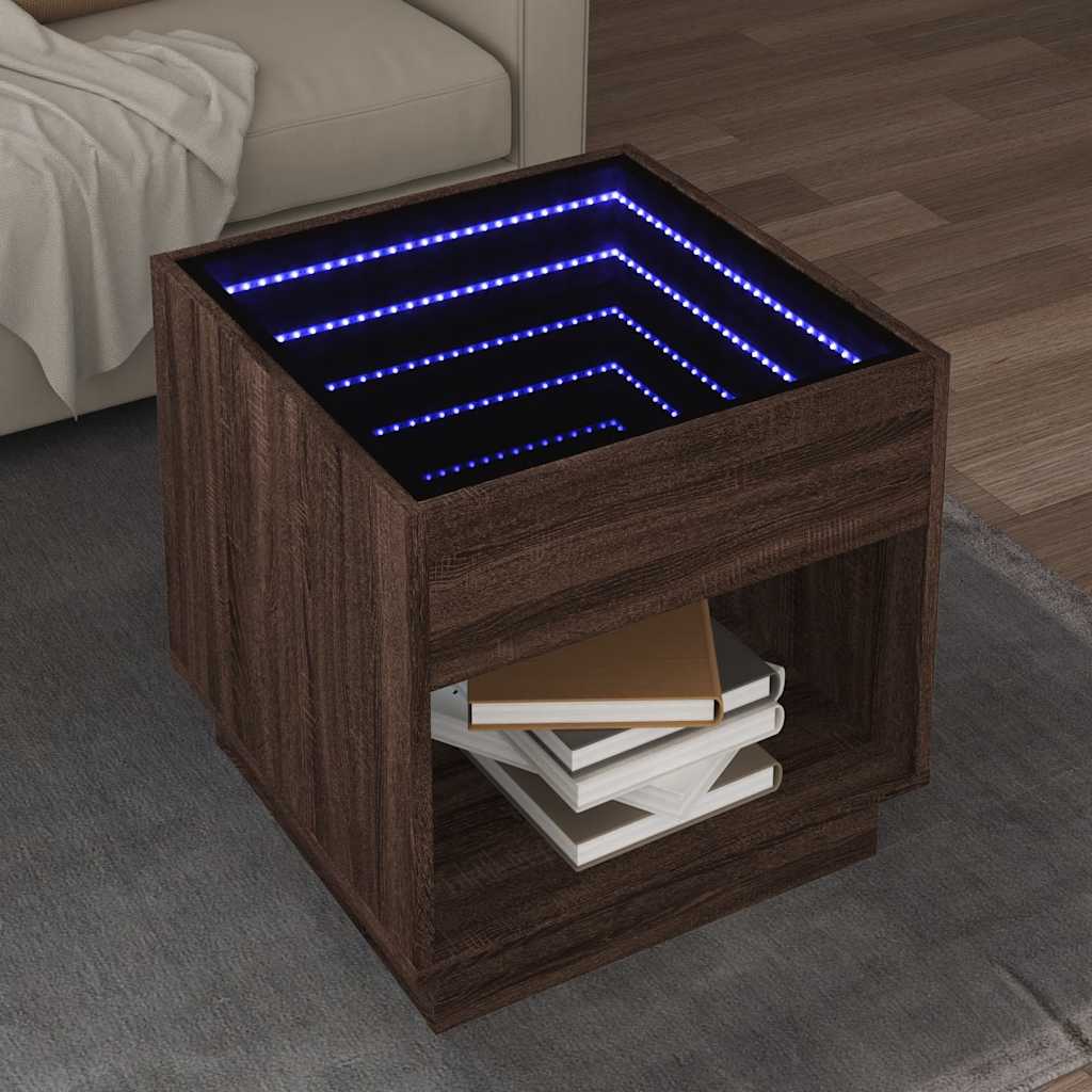 Barna tölgy végtelen hatású LED-es dohányzóasztal 50x50x50 cm
