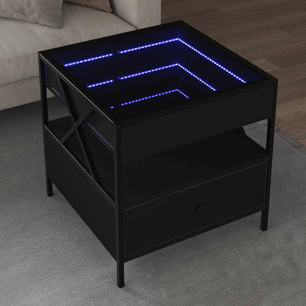 Fekete végtelen hatású LED-es dohányzóasztal 50 x 50 x 51 cm