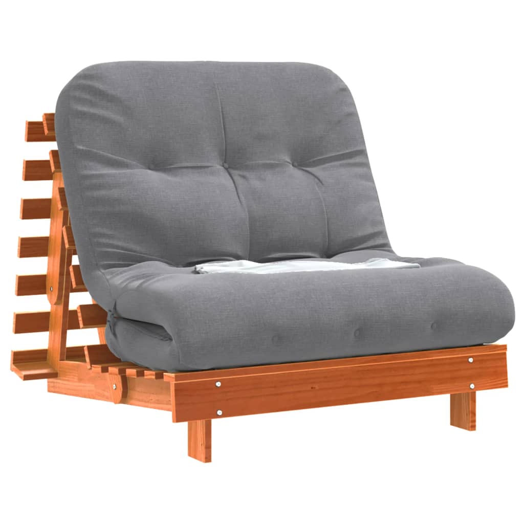 Viaszbarna tömör fenyőfa futon kanapéágy matraccal 90x206x11 cm 4