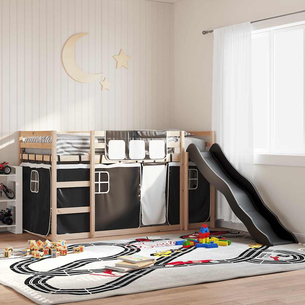 Fehér-fekete emeletes ágy csúszdával és függönnyel 80 x 200 cm