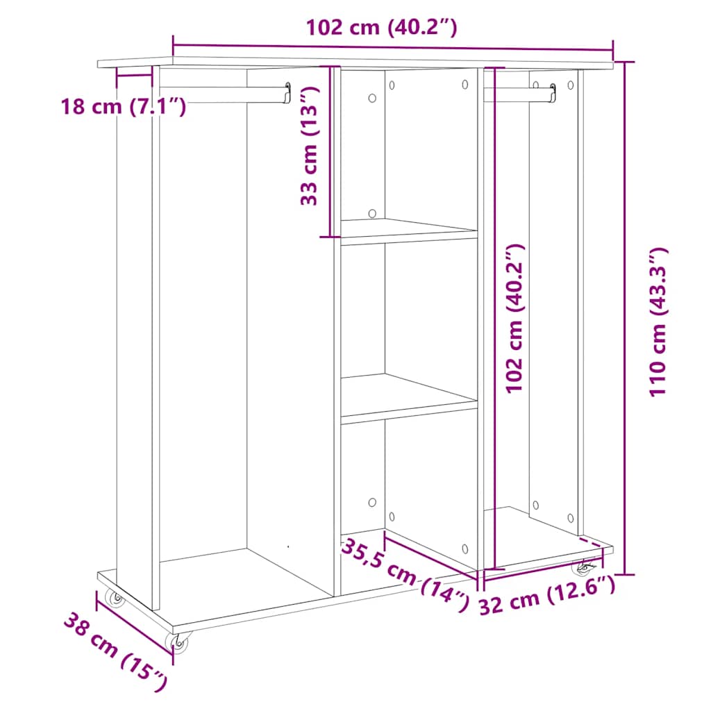 Betonszürke szerelt fa ruhásszekrény kerékkel 102 x 38 x 110 cm 10