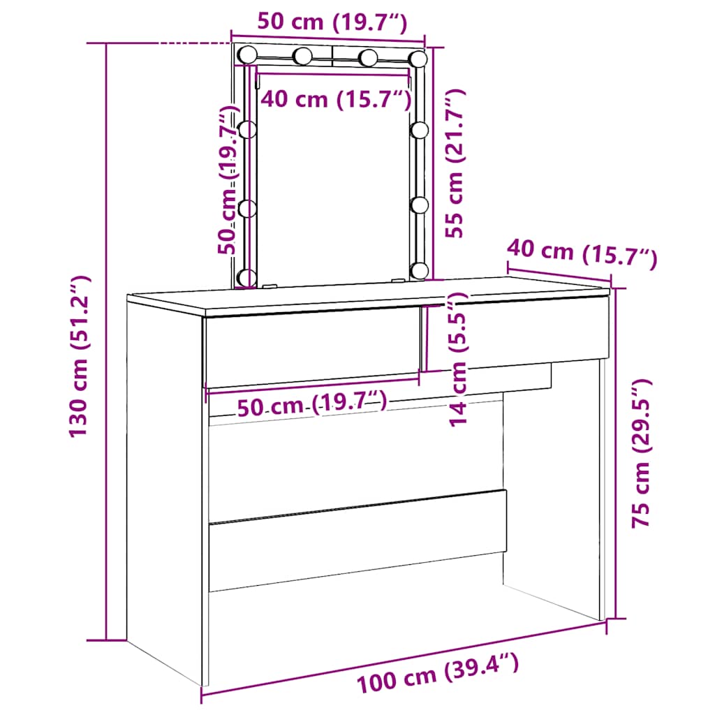 Fehér fésülködőasztal LED-del 100 x 40 x 130 cm 18