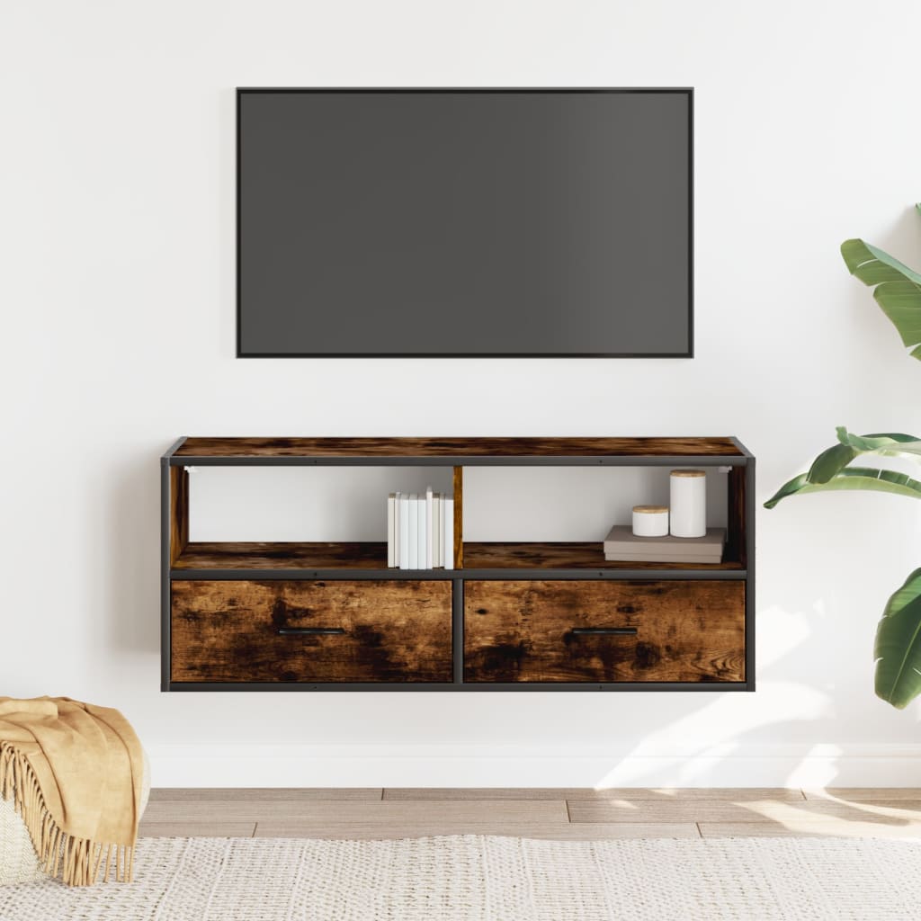 Füstös tölgy színű szerelt fa és fém TV-szekrény 100x31x39,5 cm 3