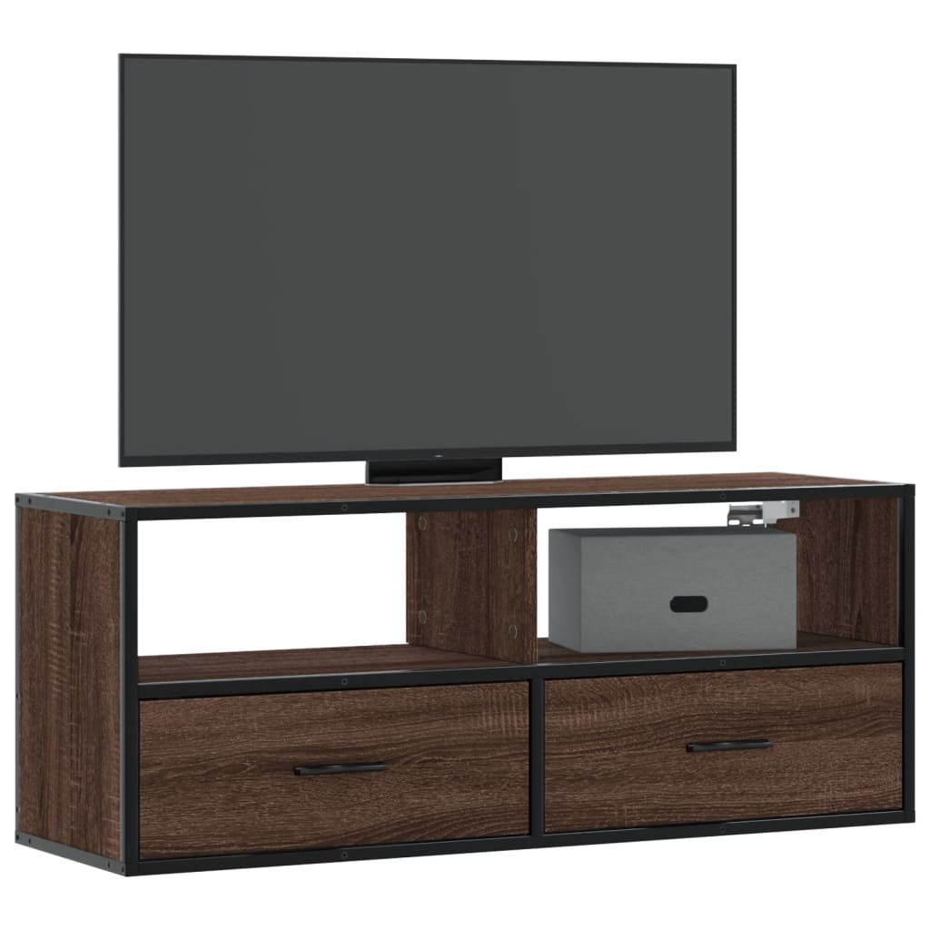 Barna tölgy színű szerelt fa és fém TV-szekrény 100x31x39,5 cm
