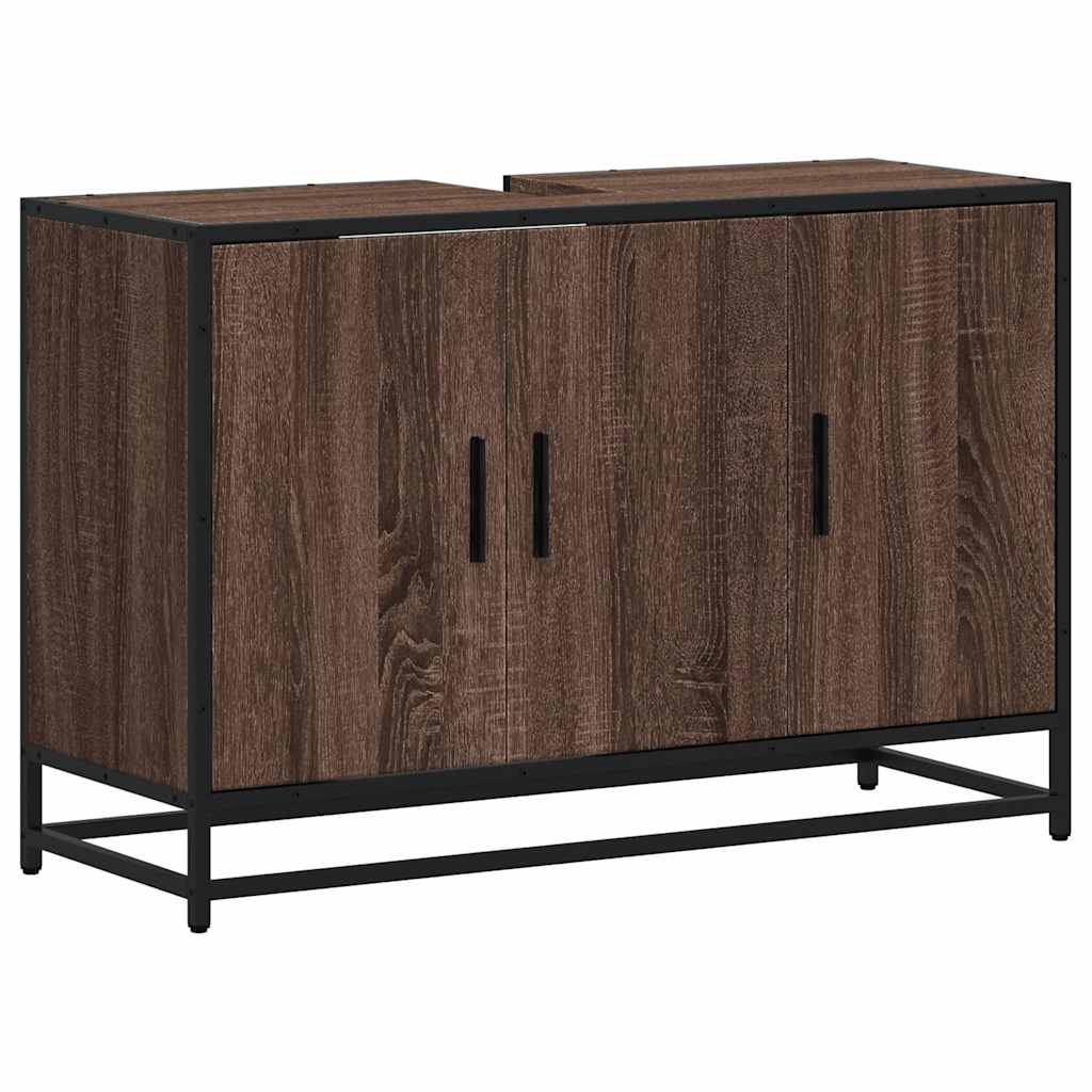 Barna tölgy szerelt fa fürdőszobai mosdószekrény 90x33x60 cm 2