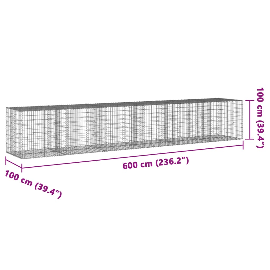 Horganyzott vas gabion kosár fedéllel 600 x 100 x 100 cm 7
